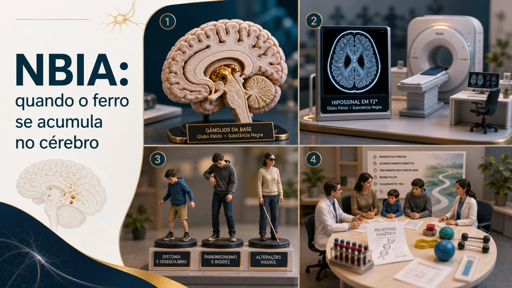 Diorama em quatro cenas mostrando o conceito de NBIA, a ressonância, os sintomas e o cuidado multidisciplinar