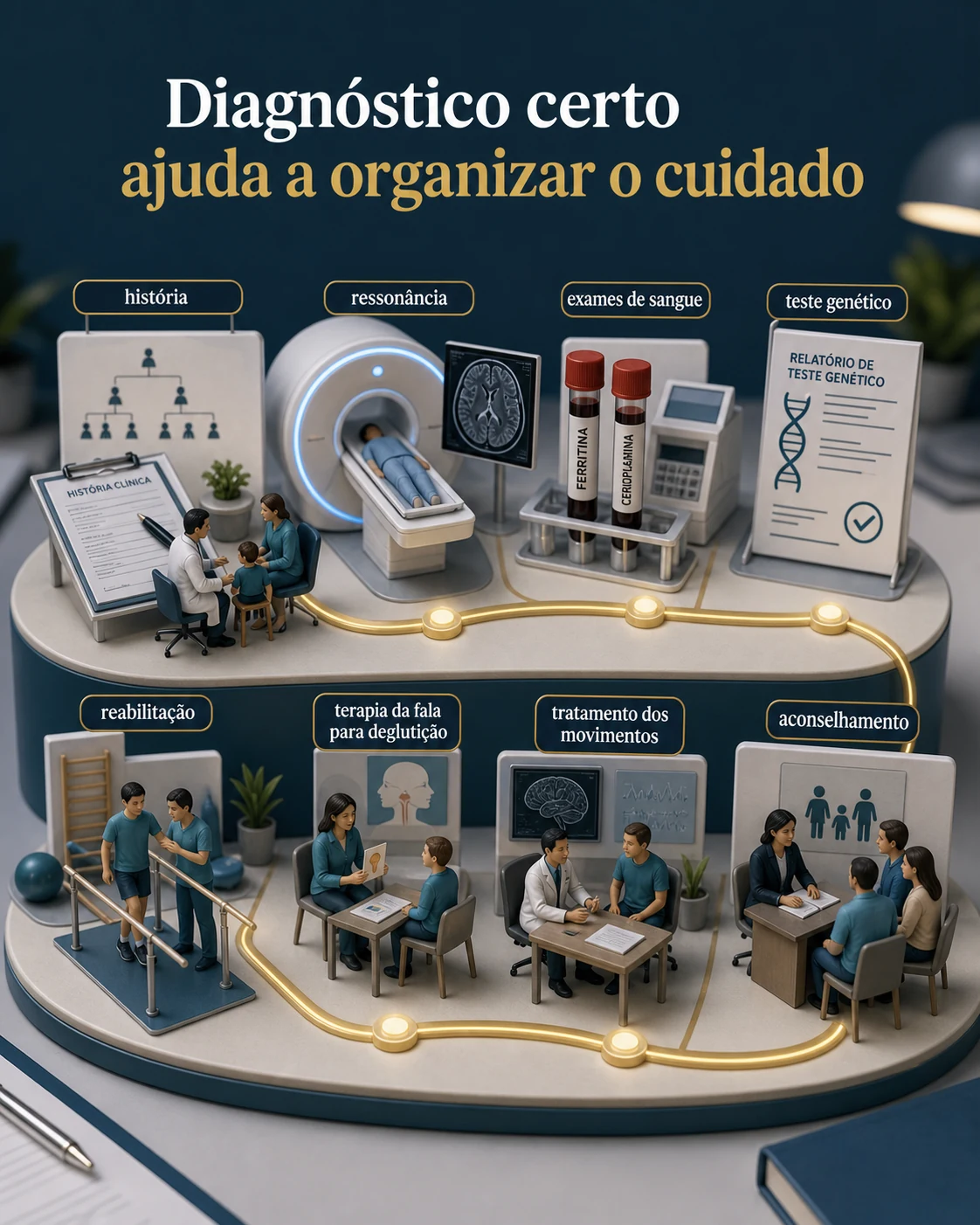 Diorama de mesa clínica com árvore de decisão diagnóstica, exames de sangue, ressonância e teste genético para NBIA