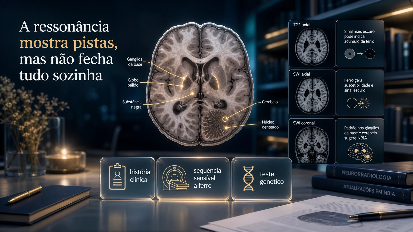 Diorama de sala de ressonância com cérebro em corte mostrando globo pálido, substância negra e sinais visuais de ferro cerebral