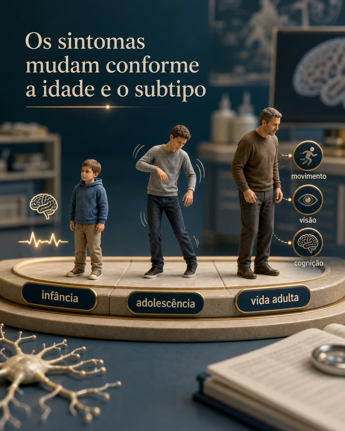 Diorama médico mostrando sintomas de NBIA em diferentes idades, com criança, adolescente e adulto em uma linha de cuidado neurológico
