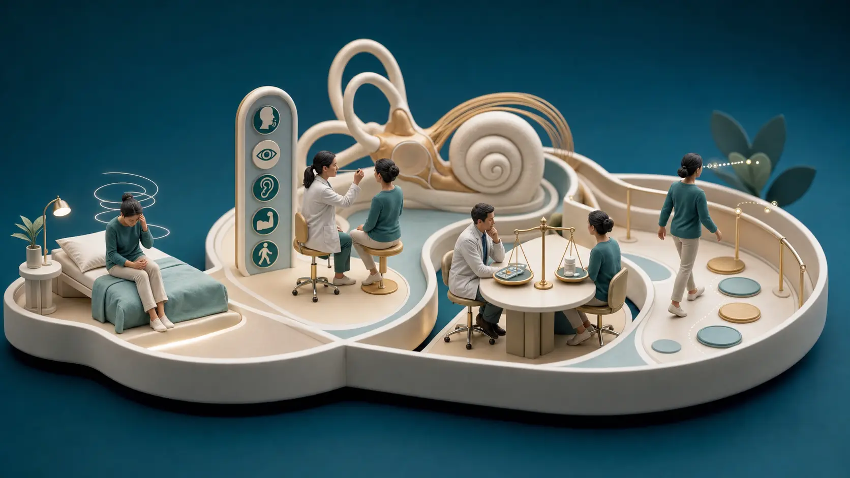 Diorama médico em quatro cenas mostrando vertigem súbita, avaliação de sinais de alerta, decisão sobre corticoide e reabilitação vestibular