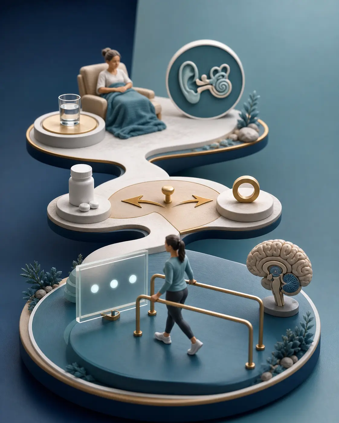 Diorama médico comparando corticoide, remédios sintomáticos e reabilitação vestibular em uma trilha de recuperação da vertigem