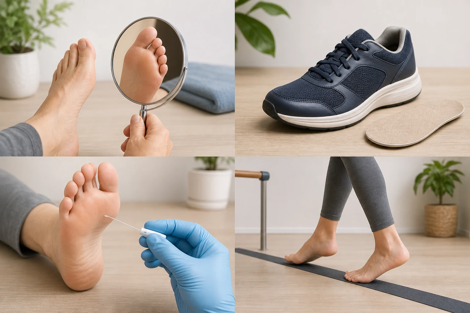 Quatro cuidados práticos para neuropatia diabética: inspeção dos pés, calçado adequado, teste com monofilamento e treino seguro de equilíbrio
