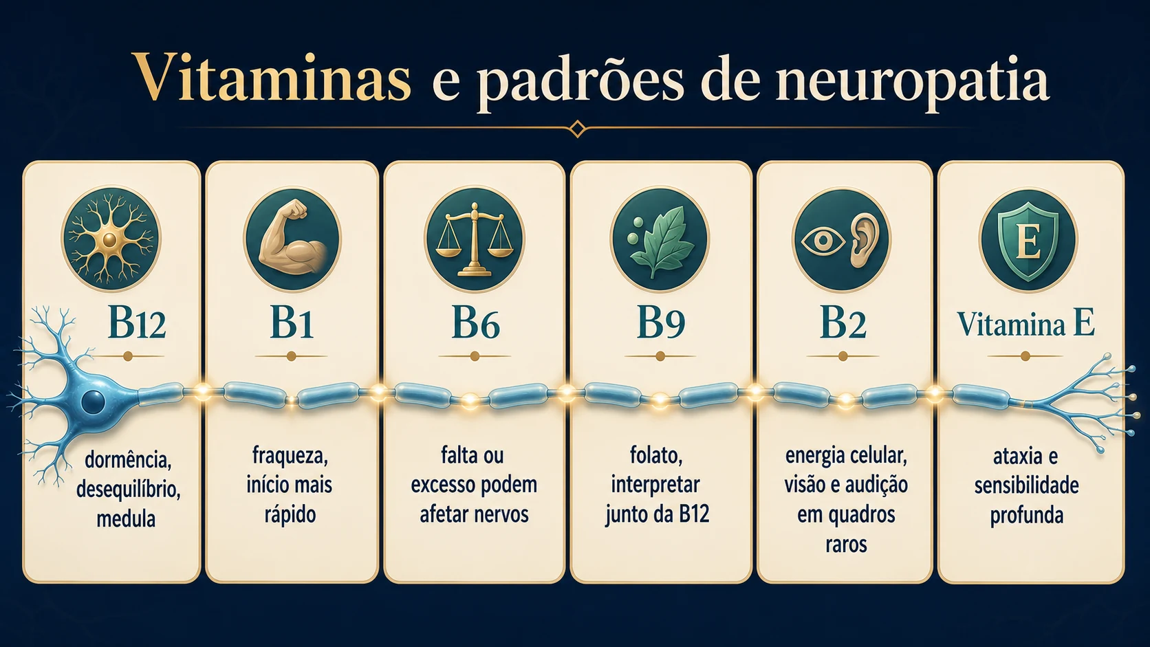 Infográfico com texto comparando vitaminas e padrões de neuropatia