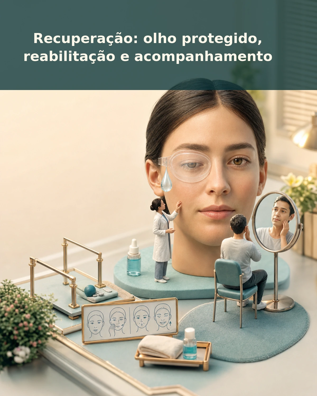 Diorama médico acolhedor mostrando recuperação, proteção ocular e reabilitação facial