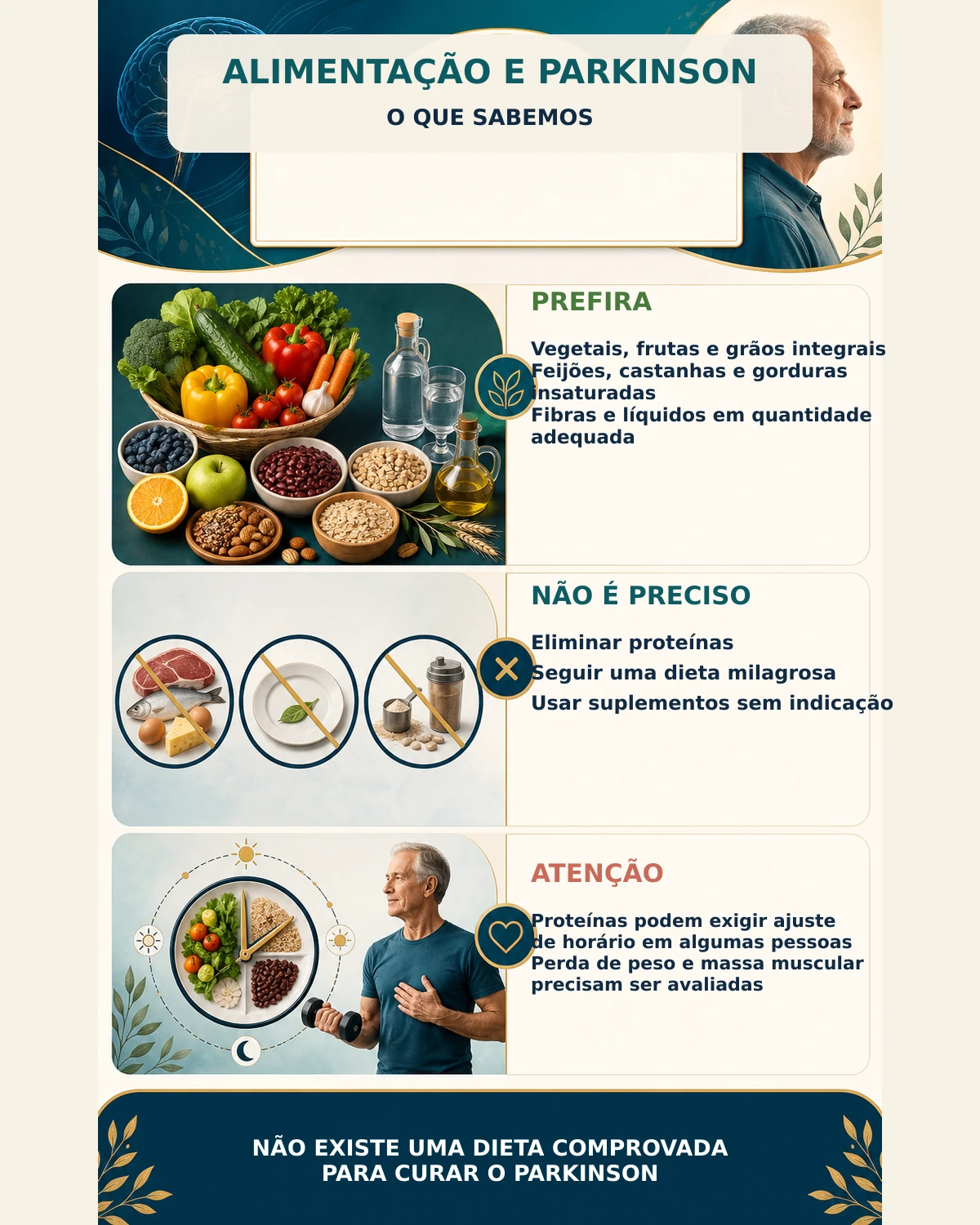 Infográfico separando fatos e mitos sobre dieta mediterrânea, fibras, proteínas, levodopa, dieta cetogênica e suplementos no Parkinson