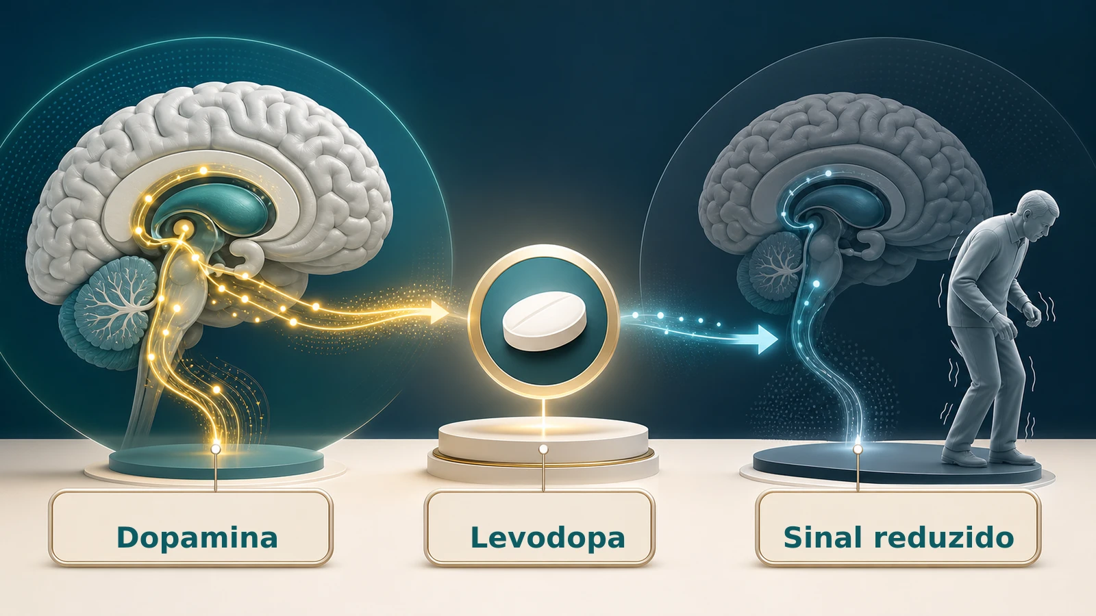Ilustração médica mostrando dopamina, levodopa e sinal de movimento reduzido no Parkinson