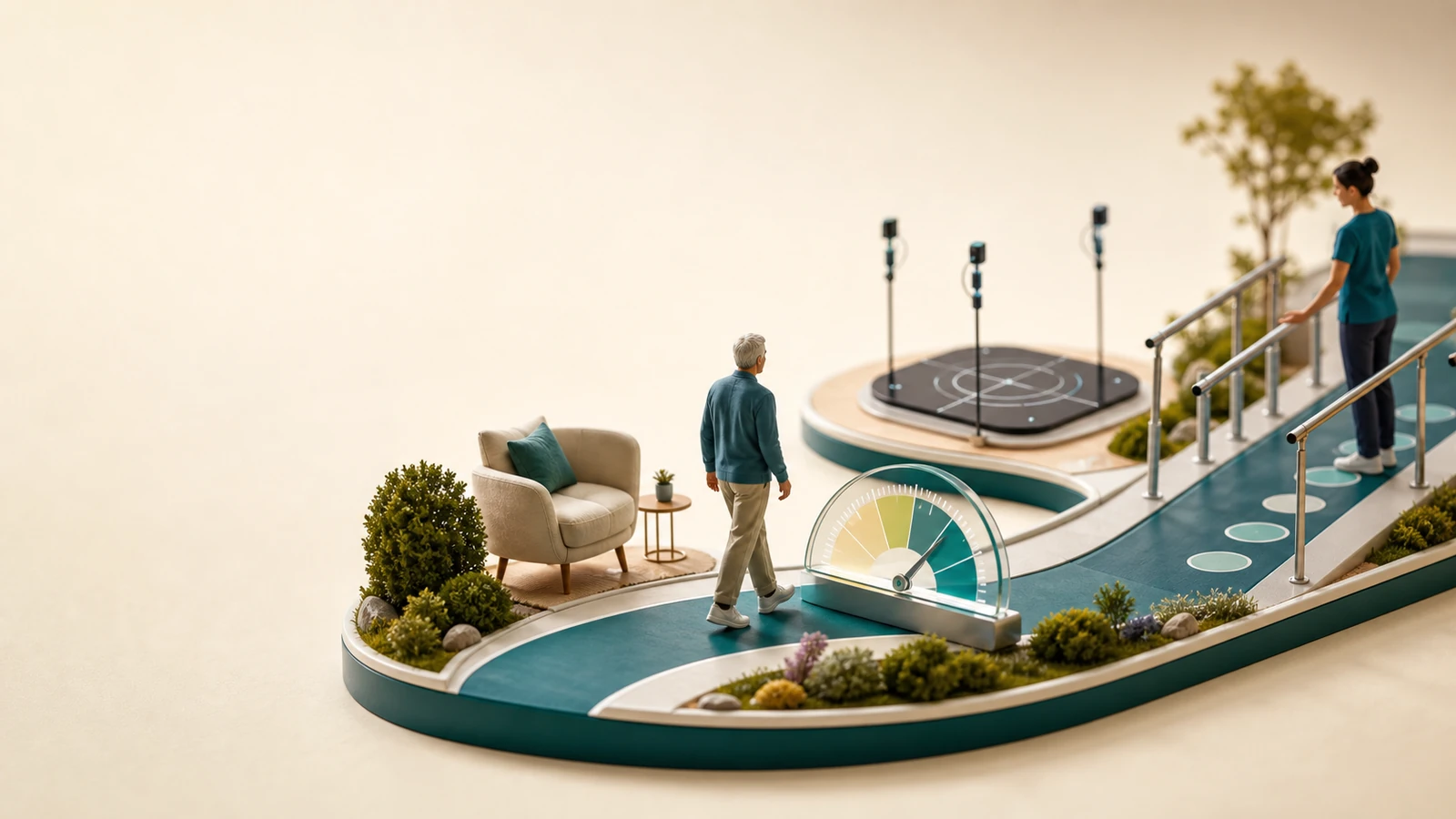 Diorama em quatro cenas sobre equilíbrio real, confiança, sedentarismo e reabilitação no Parkinson
