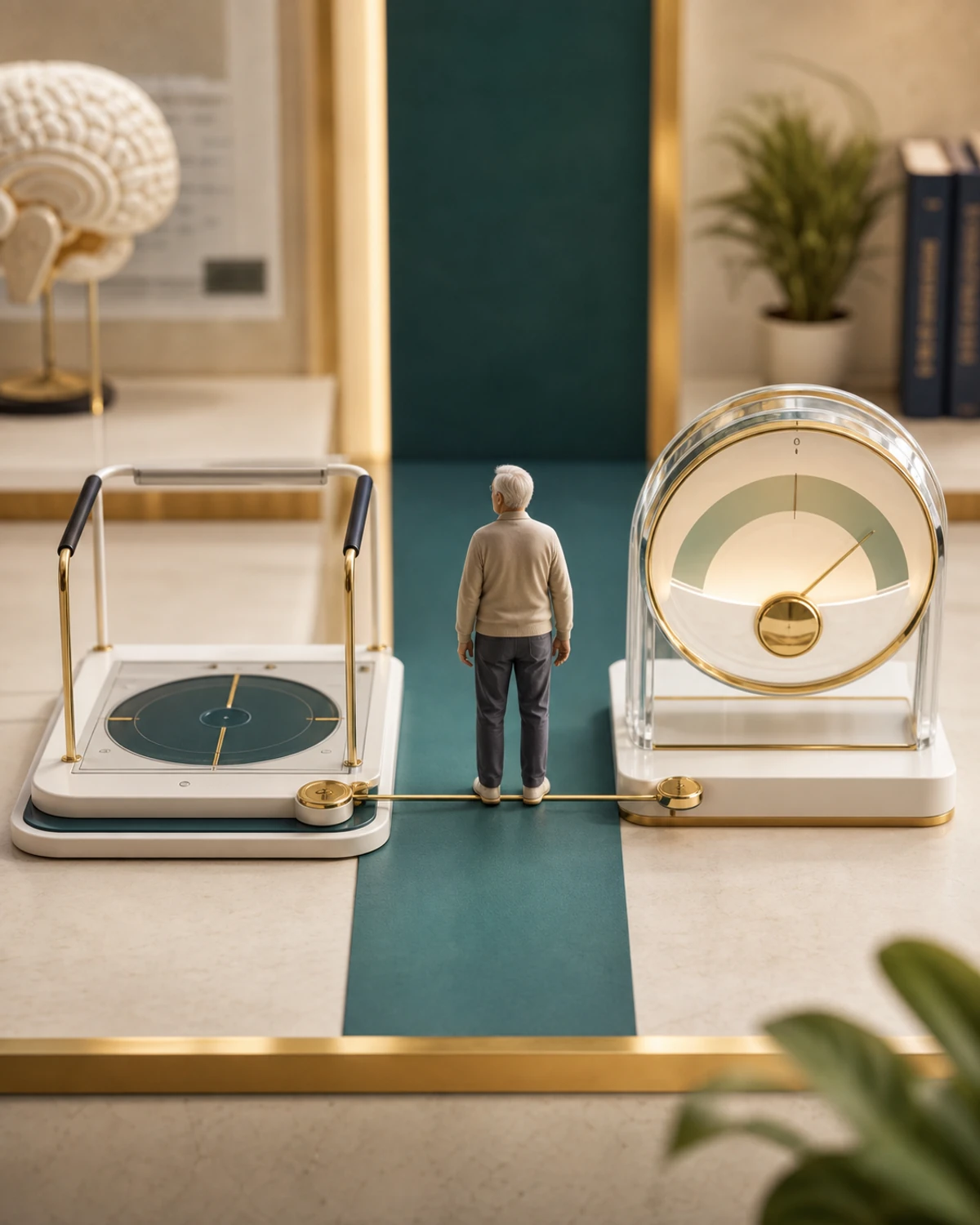Diorama comparando equilíbrio real e confiança percebida no Parkinson