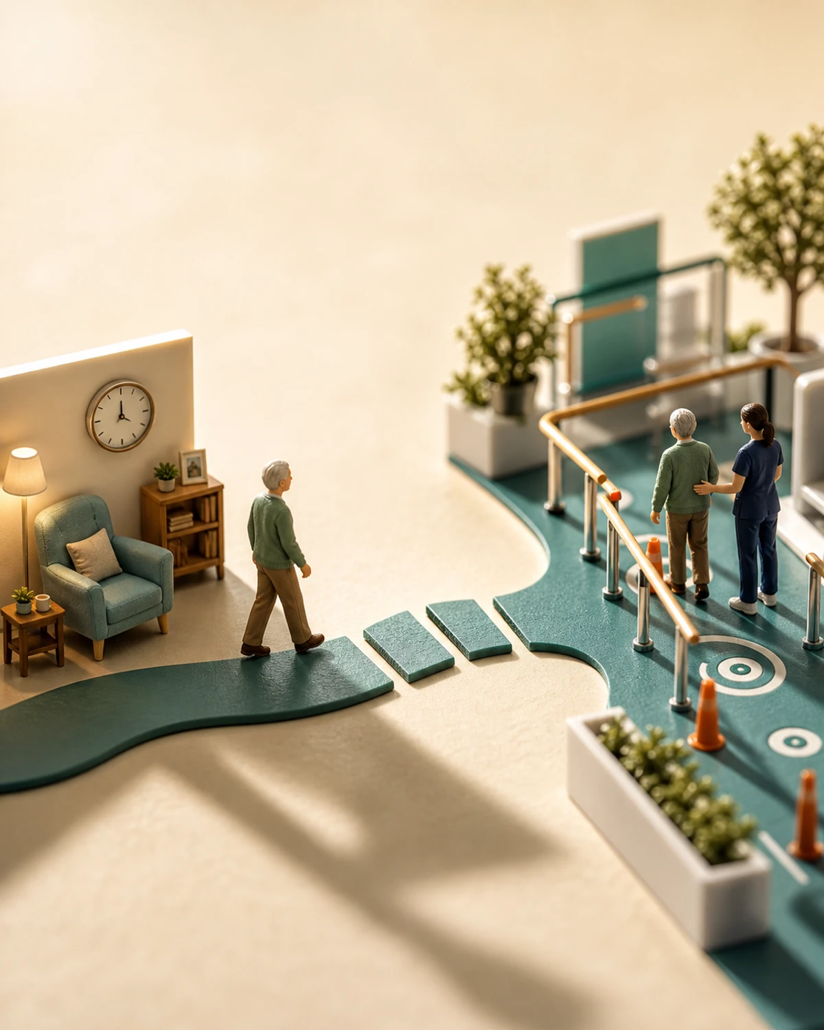Diorama mostrando sedentarismo, relógio e retomada progressiva do movimento no Parkinson
