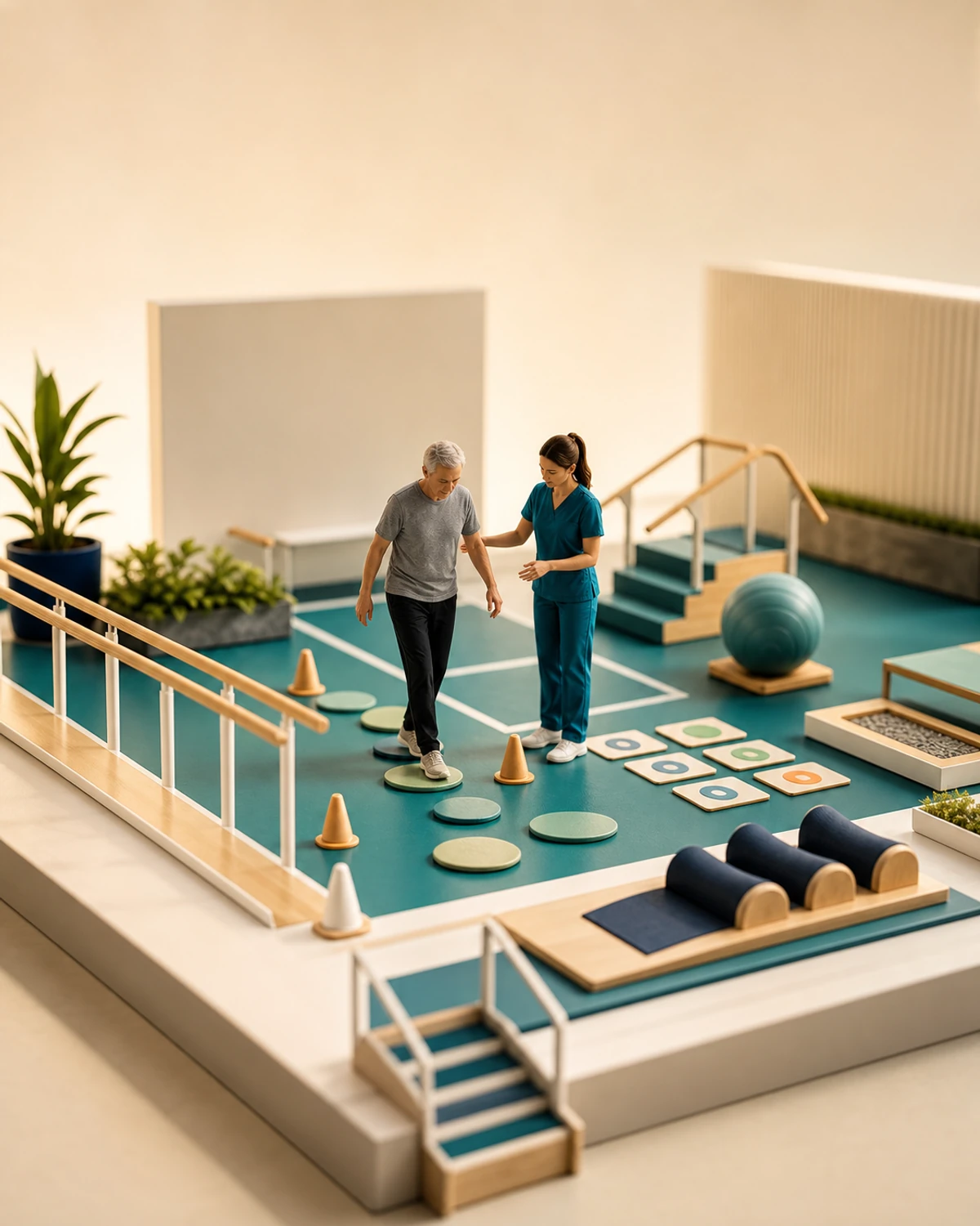 Diorama de sala de reabilitação com treino progressivo de equilíbrio e marcha no Parkinson