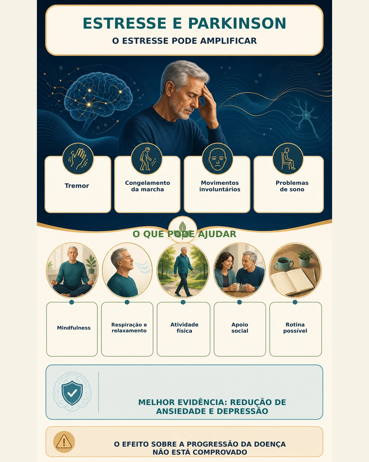 Infográfico mostrando como estresse pode amplificar sintomas e como mindfulness, respiração, apoio social e rotina podem aumentar a resiliência