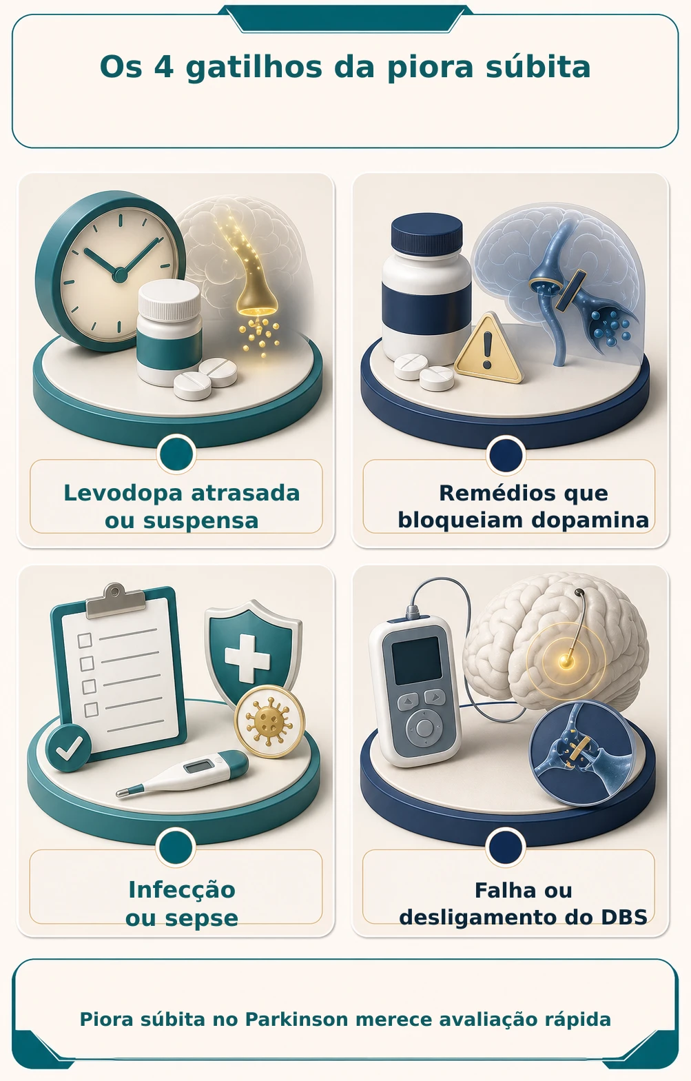 Infográfico com quatro gatilhos de piora súbita no Parkinson: levodopa atrasada ou suspensa, remédios que bloqueiam dopamina, infecção ou sepse e falha ou desligamento do DBS