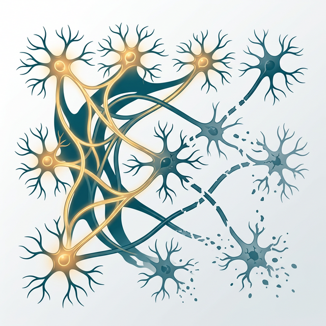 Ilustração minimalista de neurônios dopaminérgicos em azul-petróleo sobre fundo branco degradê — capa do post sobre Doença de Parkinson no blog Neuroepifanias