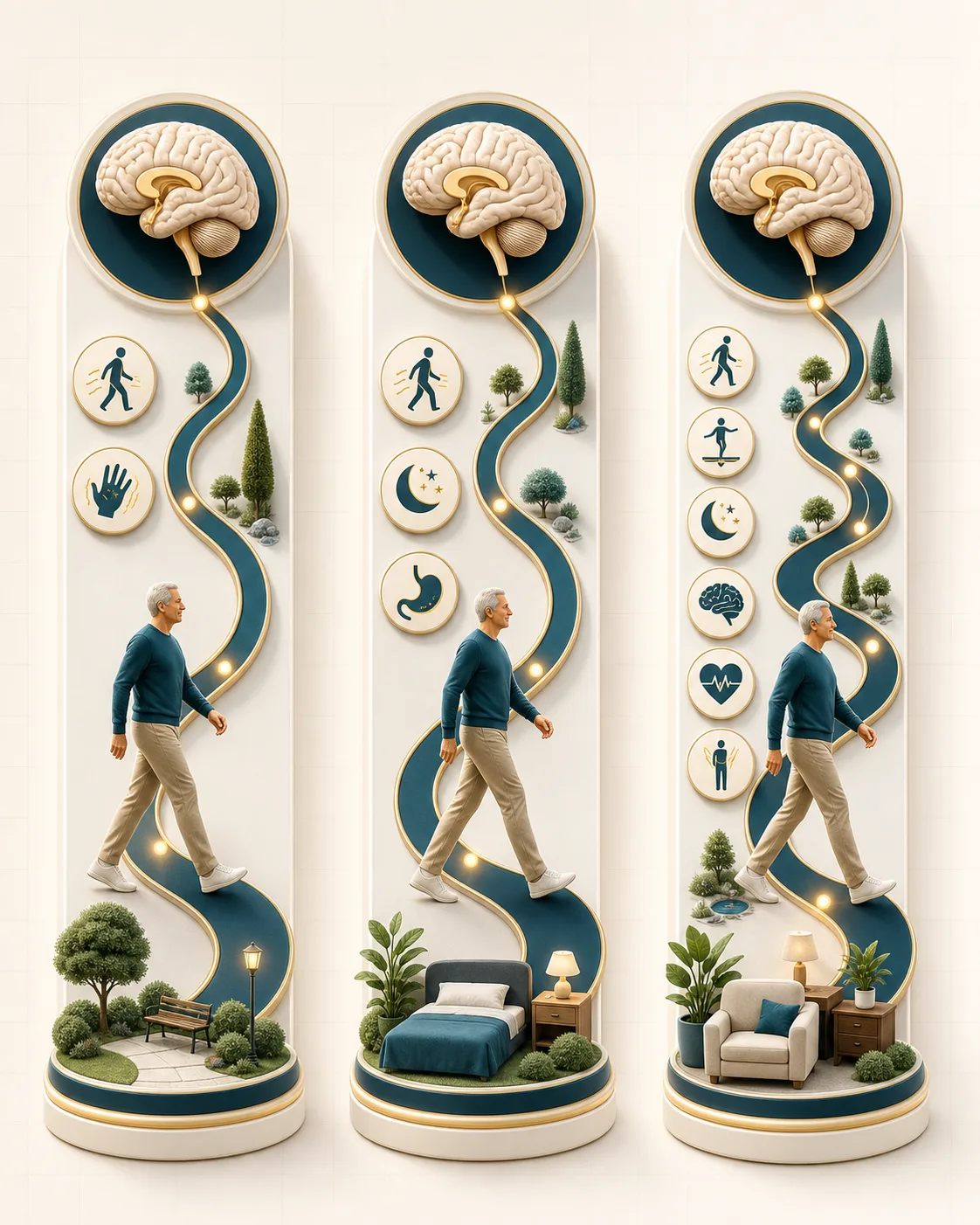 Ilustração médica mostrando três perfis clínicos possíveis de evolução na doença de Parkinson