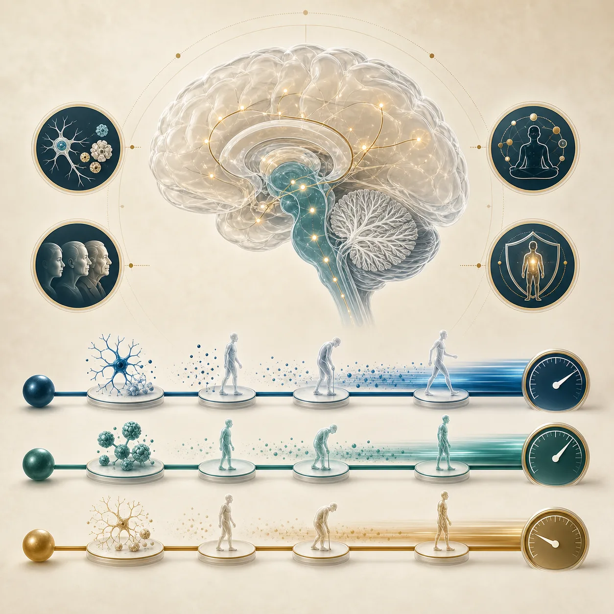 Ilustração médica explicando cérebro, corpos de Lewy e velocidade de progressão de forma simples