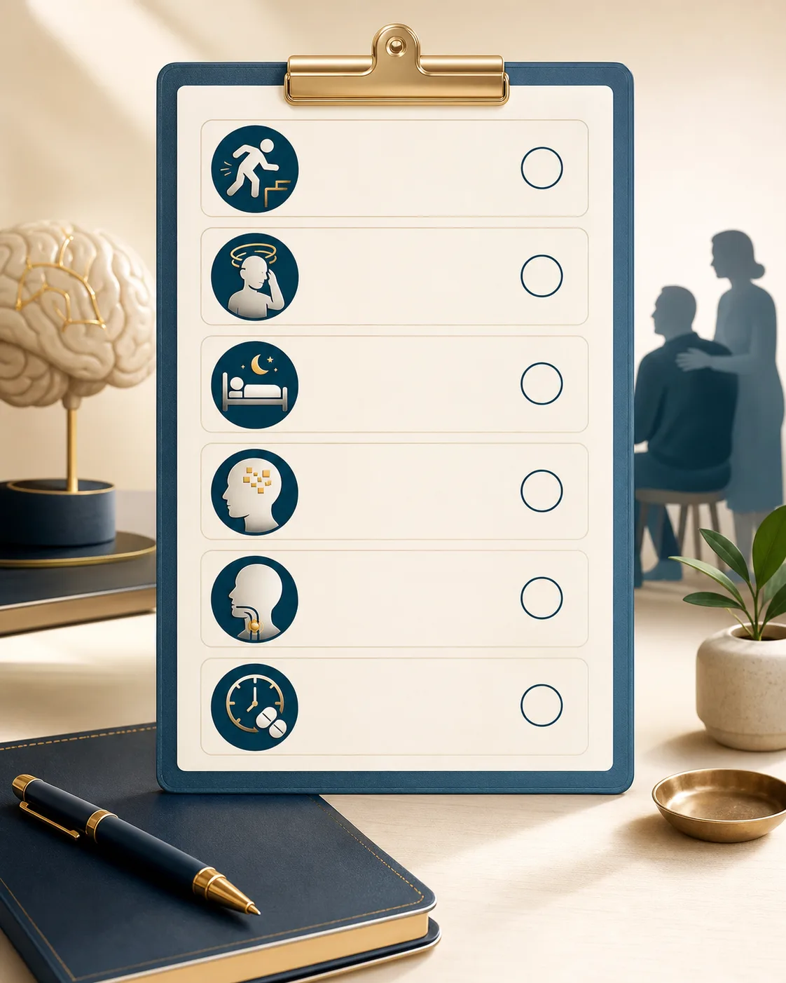 Ilustração médica de checklist para levar ao neurologista em consulta sobre Parkinson