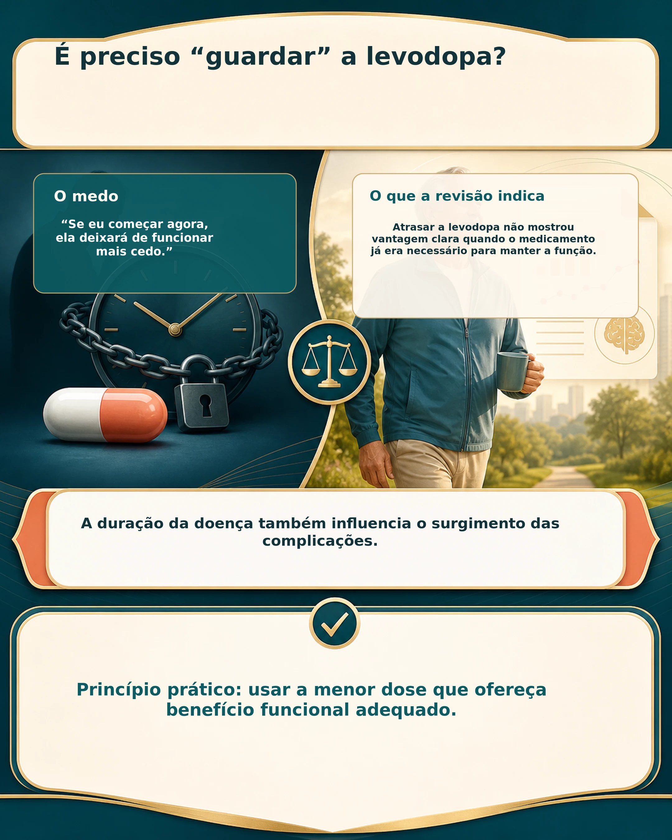 Infográfico esclarecendo o mito de guardar ou adiar a levodopa