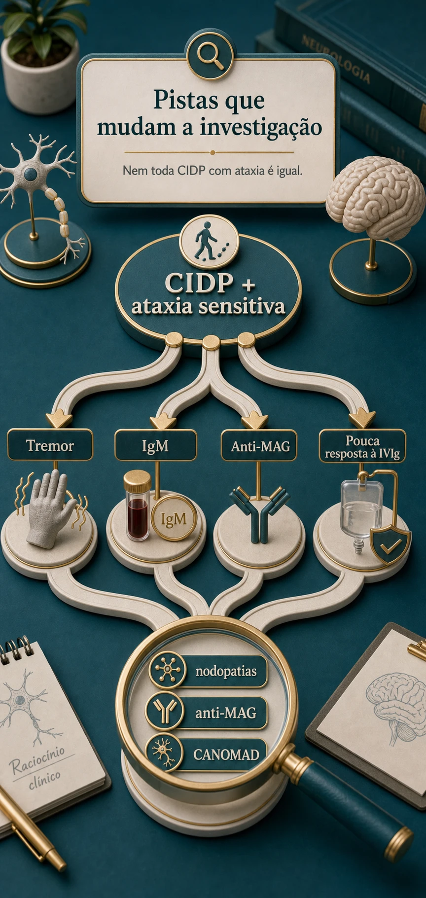 Diorama médico mostrando pistas que mudam a investigação da CIDP com ataxia sensitiva, incluindo tremor, IgM, anti-MAG e pouca resposta à IVIg