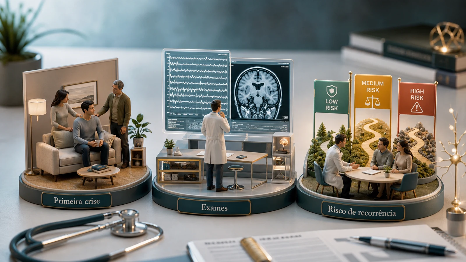 Diorama médico mostrando três cenas: primeira crise, investigação com EEG e ressonância, e conversa sobre risco de recorrência