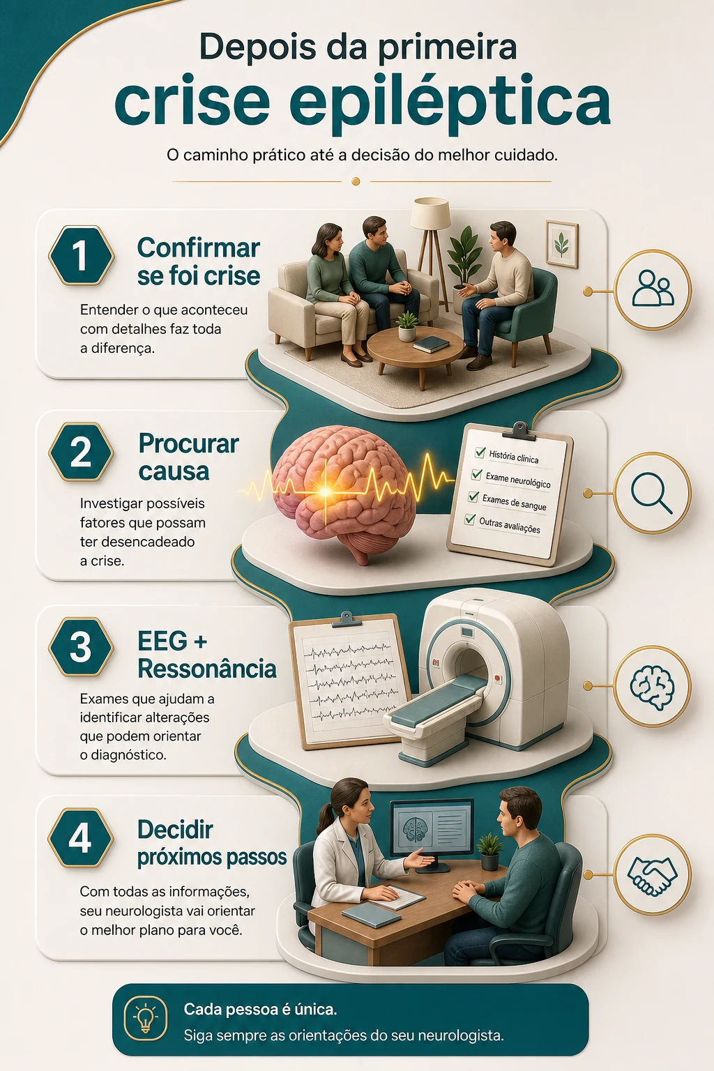 Infográfico didático mostrando o caminho após uma primeira crise: confirmar crise, investigar causa, estimar risco e decidir próximos passos
