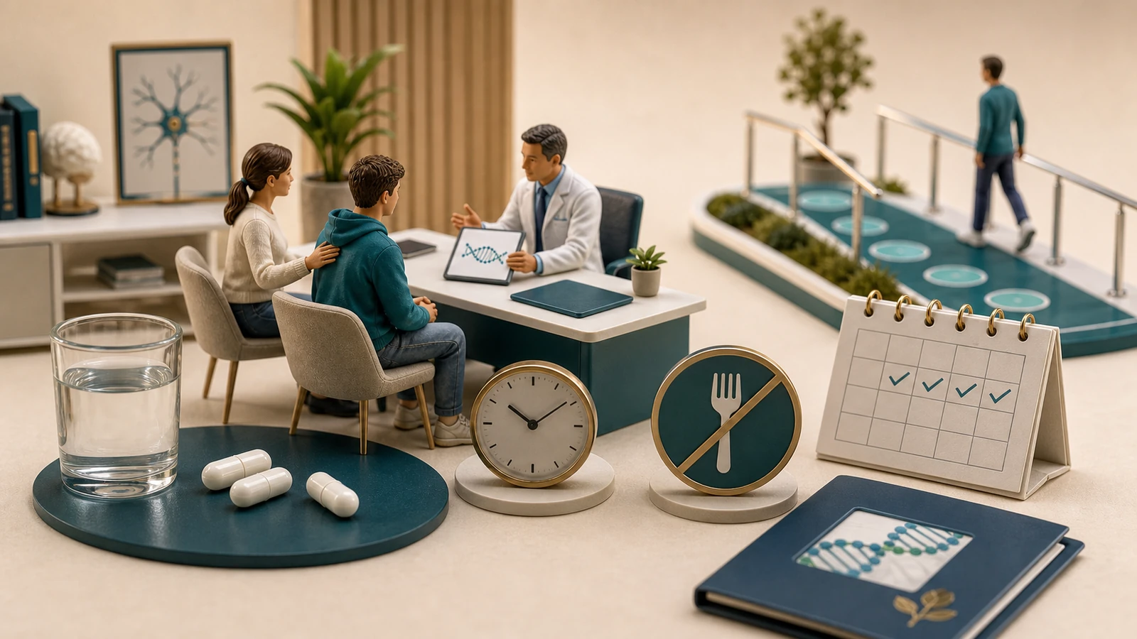 Diorama explicando quem pode usar Skyclarys e como tomar: indicação, idade, dose, jejum e orientação médica