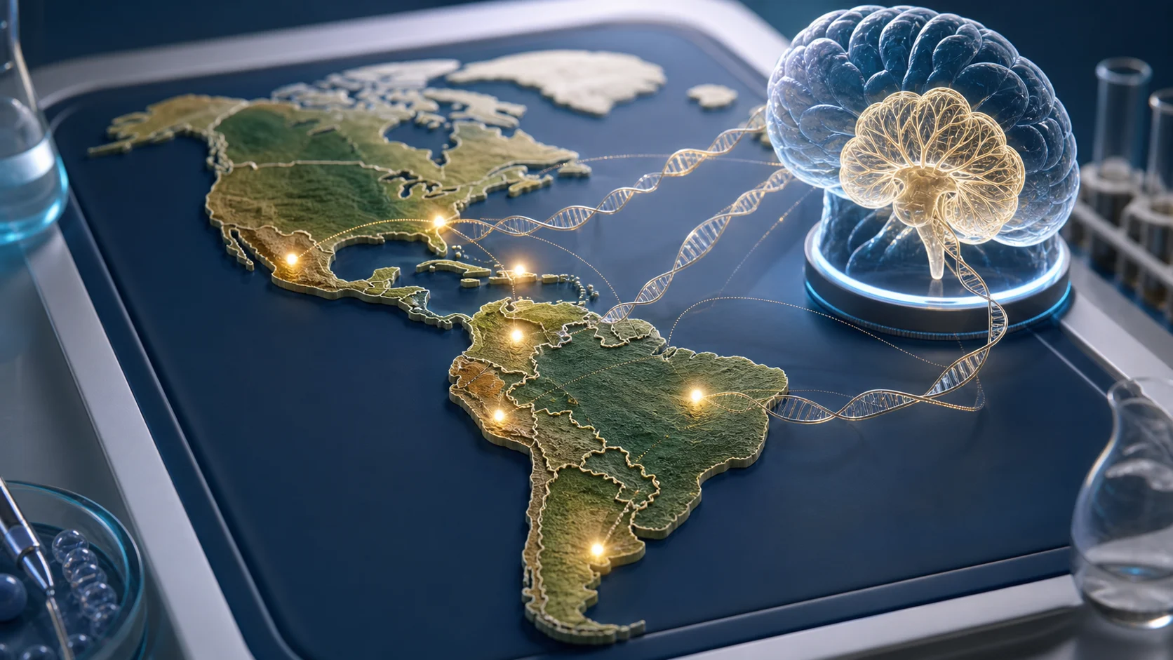 Capa em estilo diorama mostrando mapa das Américas, cerebelo e DNA como pistas para investigação das SCAs