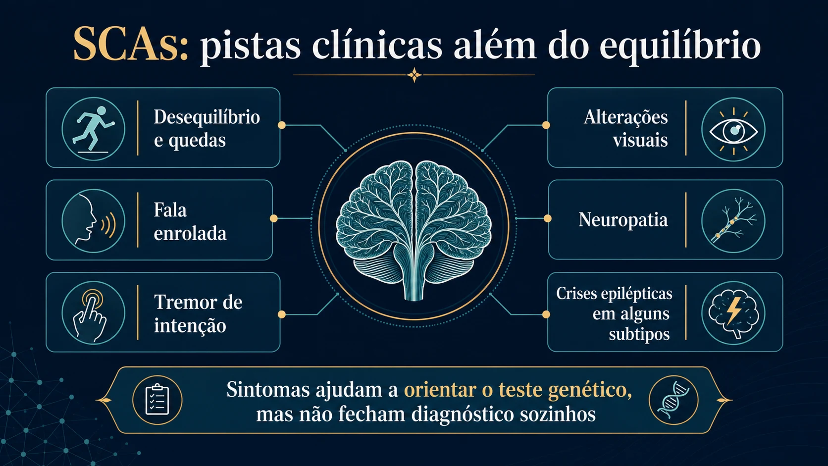 Infográfico médico explicando os principais sintomas das SCAs: equilíbrio, fala, coordenação, visão, nervos periféricos e crises