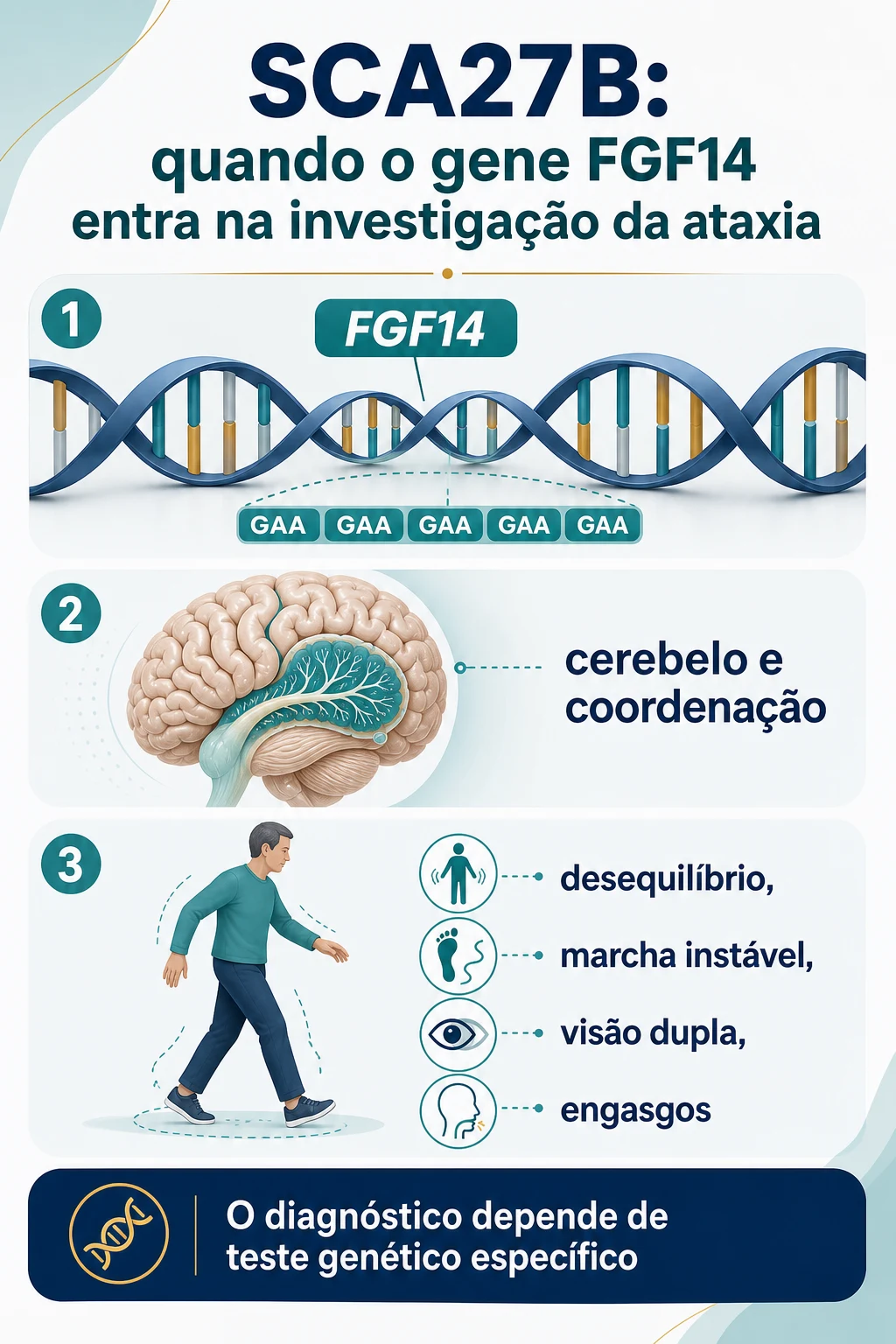 Infográfico explicando SCA27B: gene FGF14, repetição GAA, cerebelo e sintomas principais
