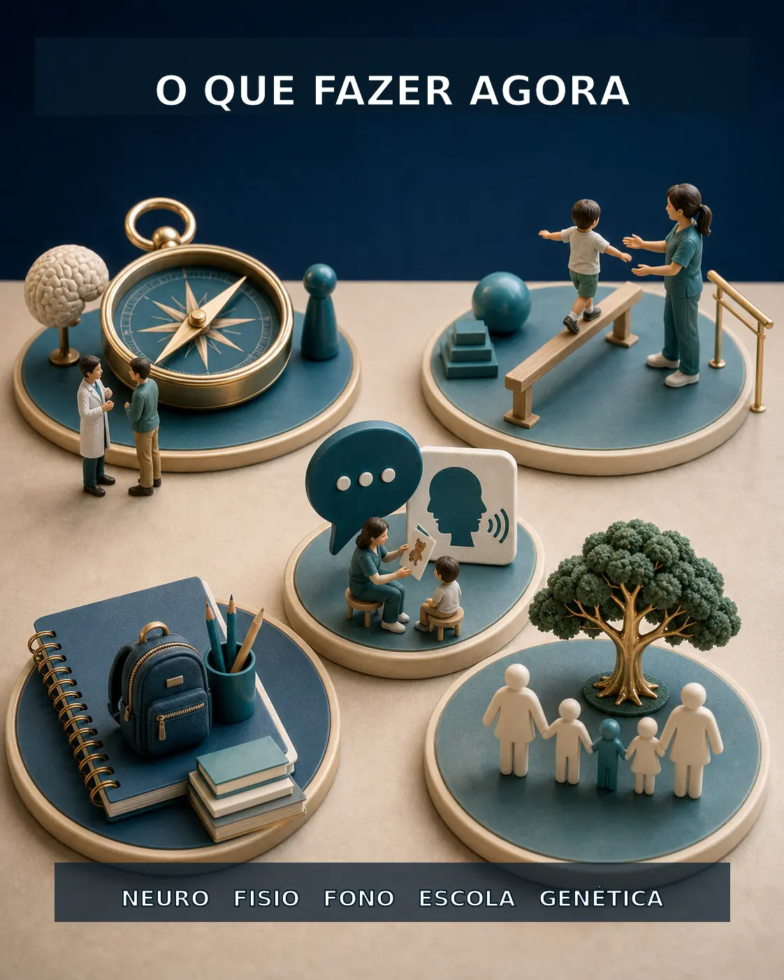 Diorama de checklist com mapa de ação para famílias, incluindo neuro, fisio, fono, escola e genética