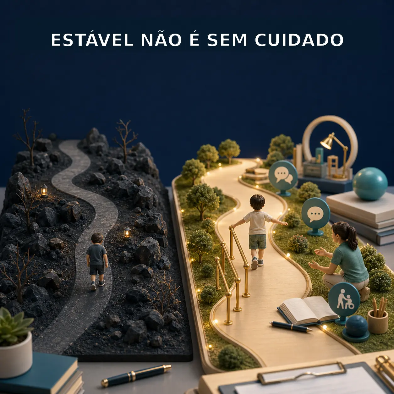 Diorama editorial mostrando dois caminhos, um de piora visual e outro estável com suportes terapêuticos, reforçando cuidado contínuo