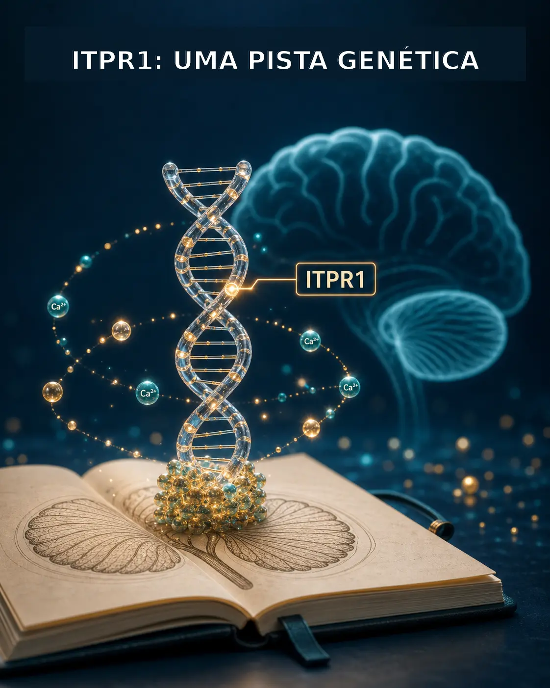 Diorama macro mostrando DNA, caderno médico e destaque para o gene ITPR1 como pista diagnóstica na SCA29