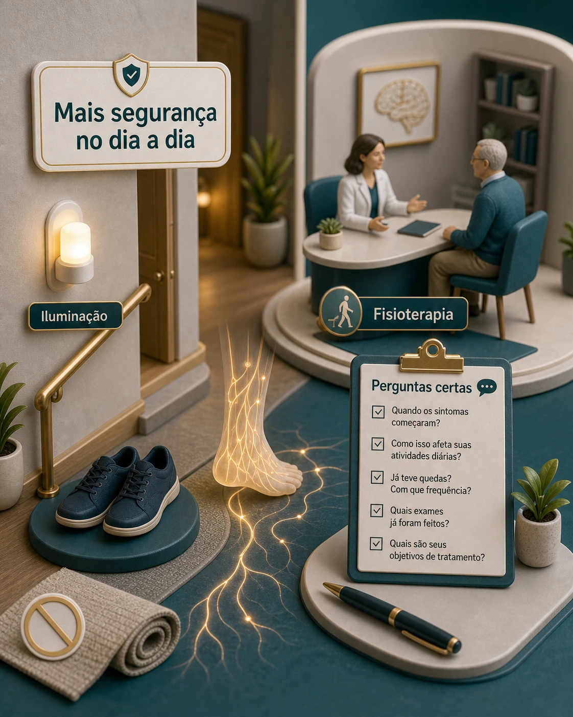 Diorama médico sobre segurança no dia a dia na ataxia sensitiva, com iluminação, fisioterapia, calçados firmes e perguntas para a consulta