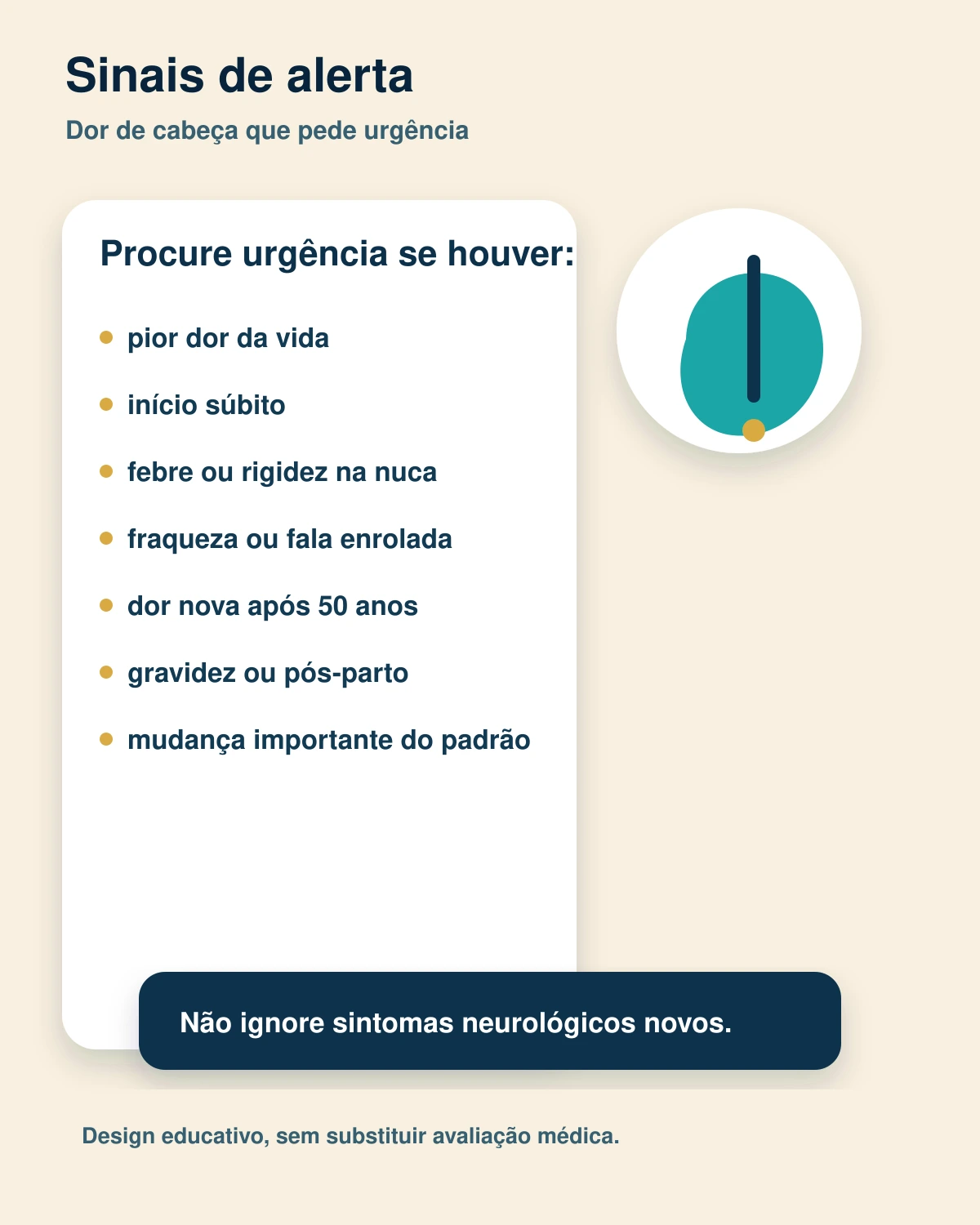 Checklist visual com texto mostrando sinais de alerta em dor de cabeça