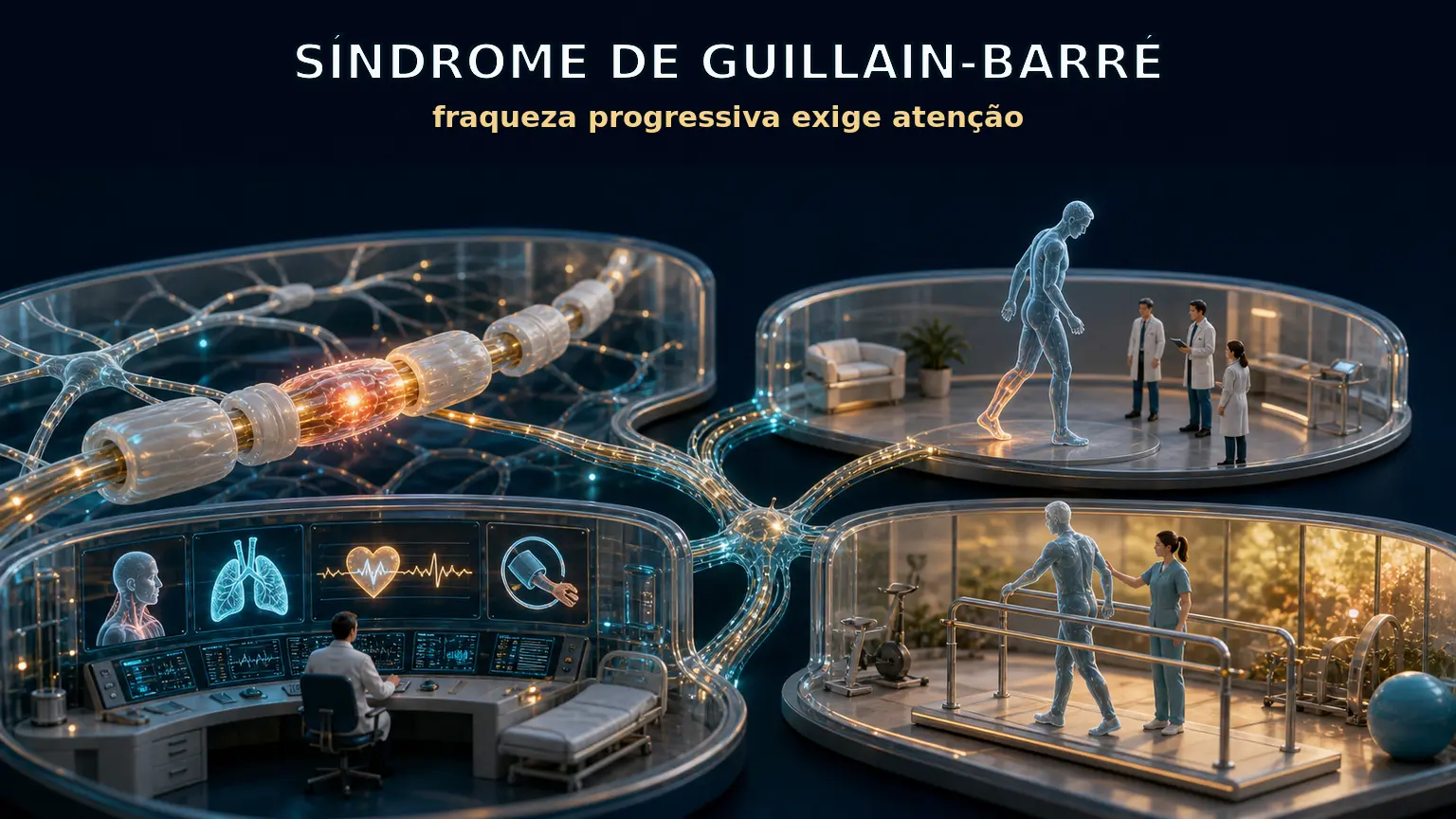 Diorama médico sobre síndrome de Guillain-Barré, mostrando nervos periféricos inflamados, sinais de alerta, monitoramento hospitalar e reabilitação