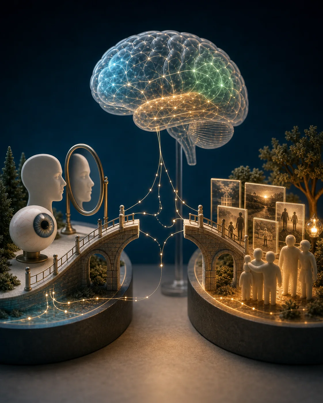 Diorama médico com ponte entre percepção, memória e familiaridade no cérebro