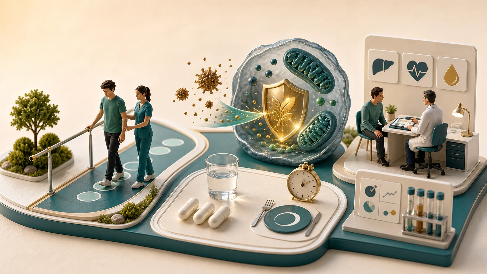 Ilustração em diorama explicando Skyclarys, ataxia de Friedreich, mecanismo via Nrf2, uso em jejum e exames de segurança