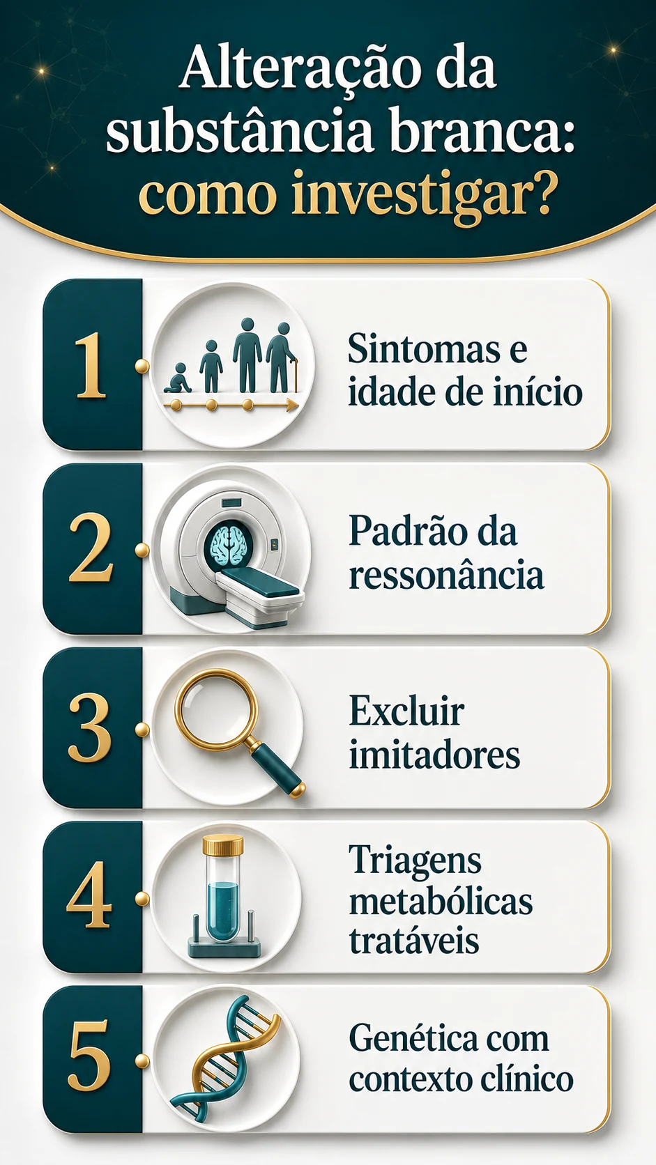 Infográfico do fluxo diagnóstico mostrando sintomas, ressonância, exclusão de imitadores, exames metabólicos e genética