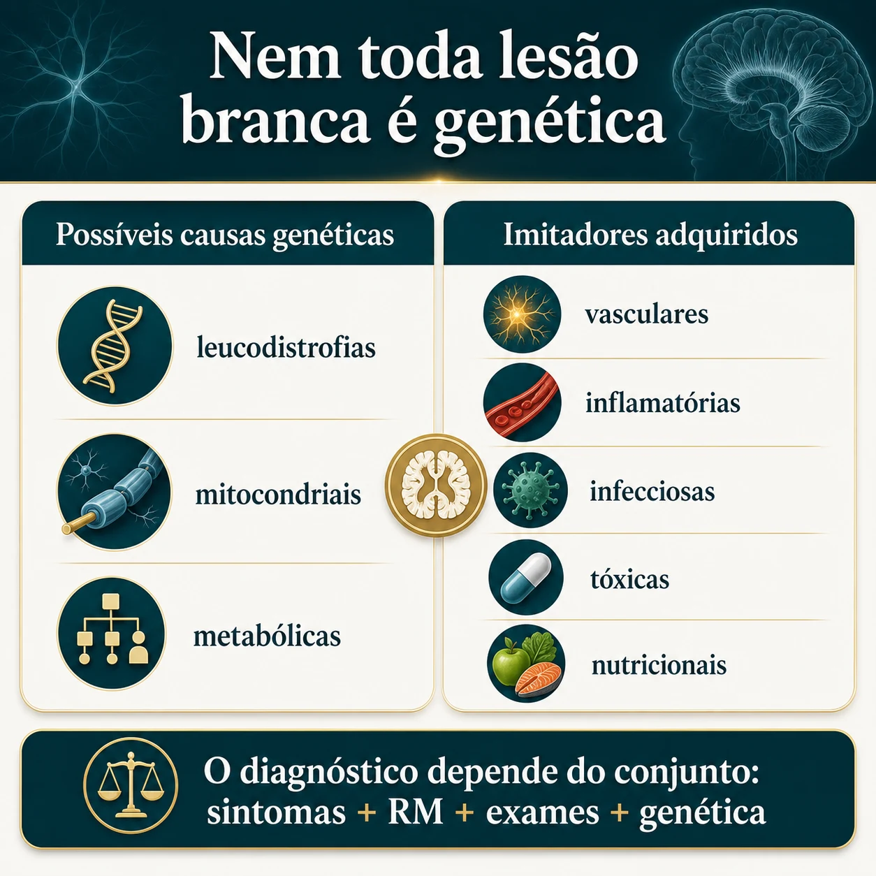 Infográfico comparando causas genéticas e imitadores adquiridos da substância branca