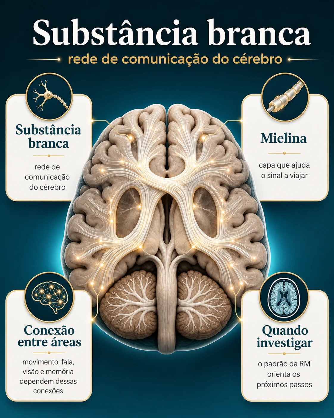 Infográfico mostrando a substância branca como rede de cabos cerebrais conectando regiões do cérebro