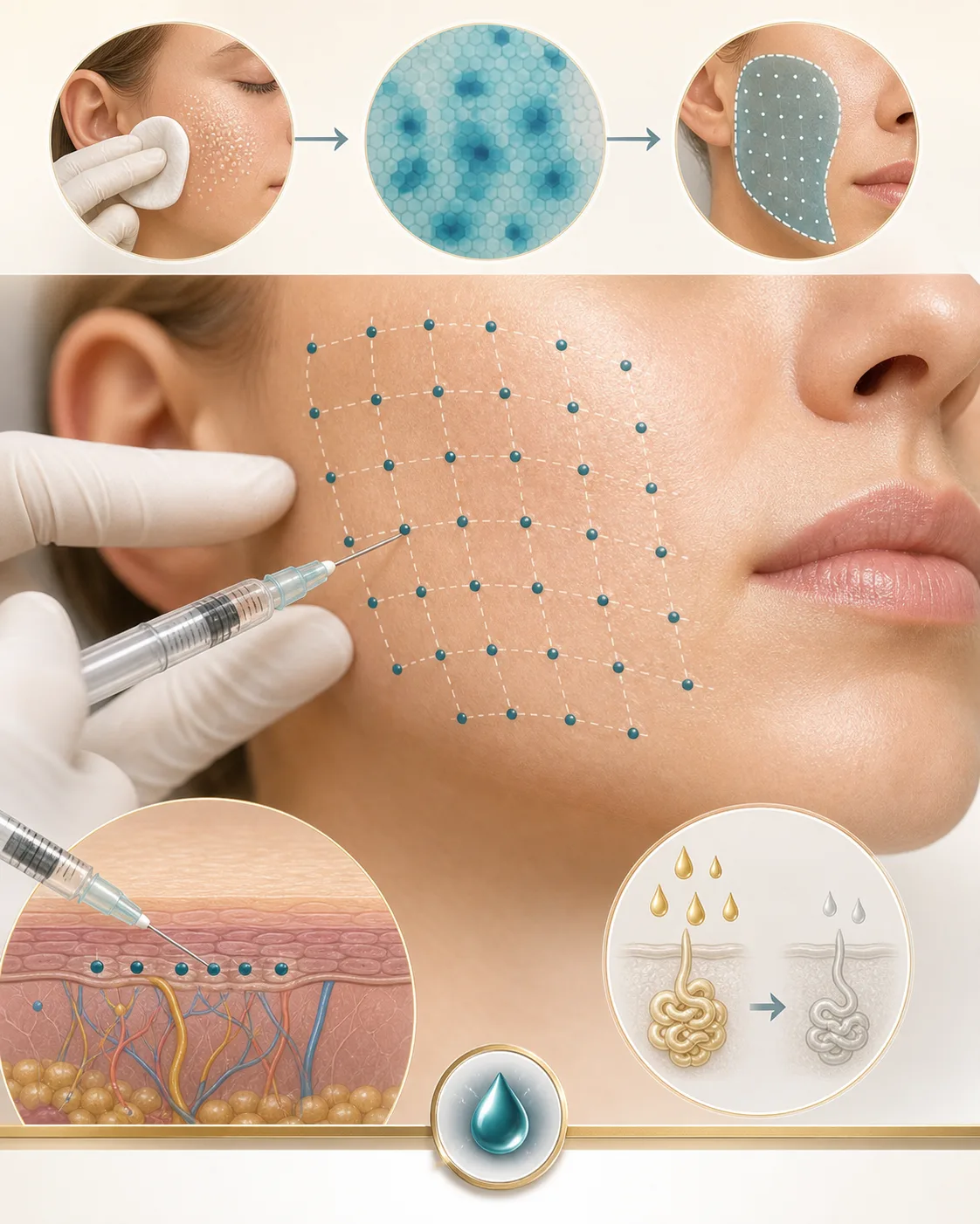 Ilustração médica mostrando aplicação superficial de toxina botulínica em pontos mapeados para sudorese gustatória