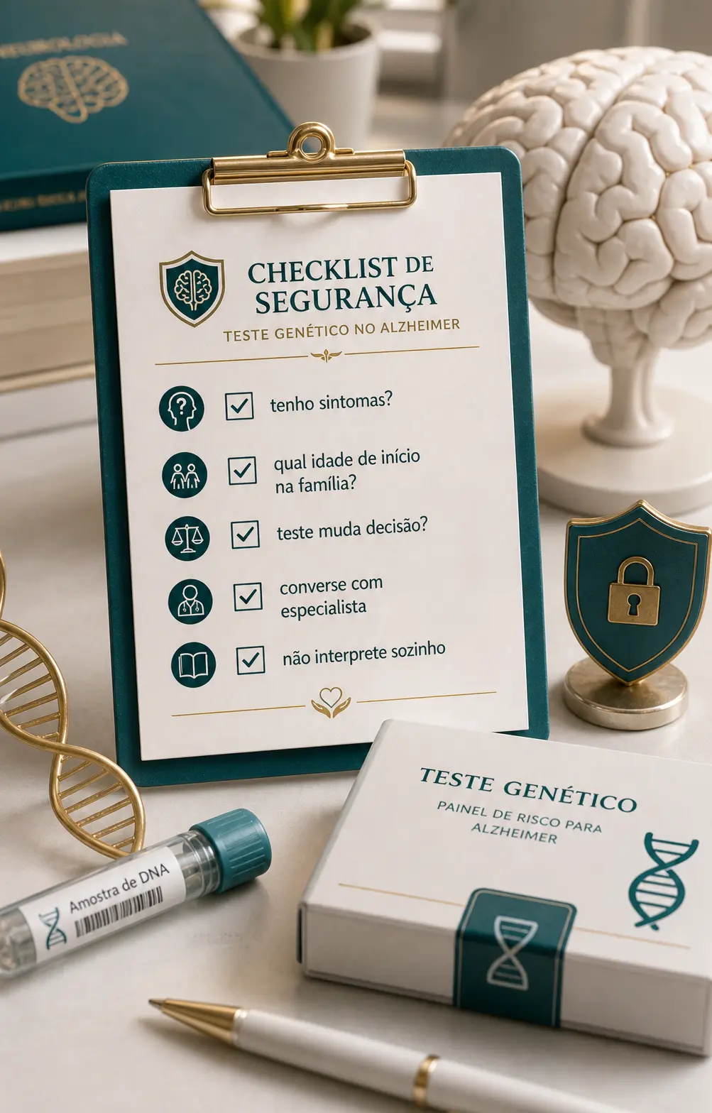 Diorama com checklist seguro para pensar em teste genético no Alzheimer