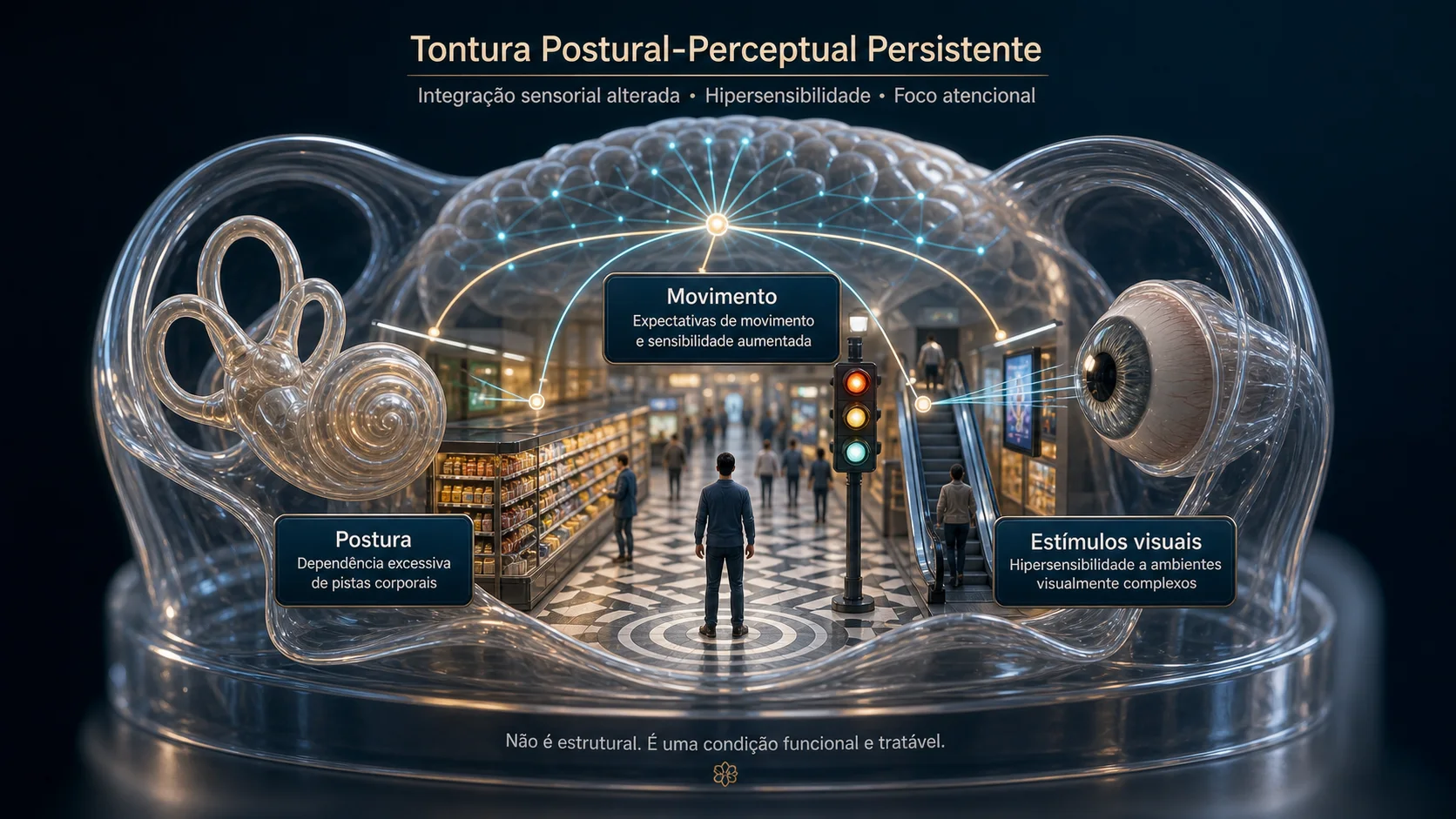 Diorama explicativo da TPPP mostrando cérebro, visão, movimento e equilíbrio