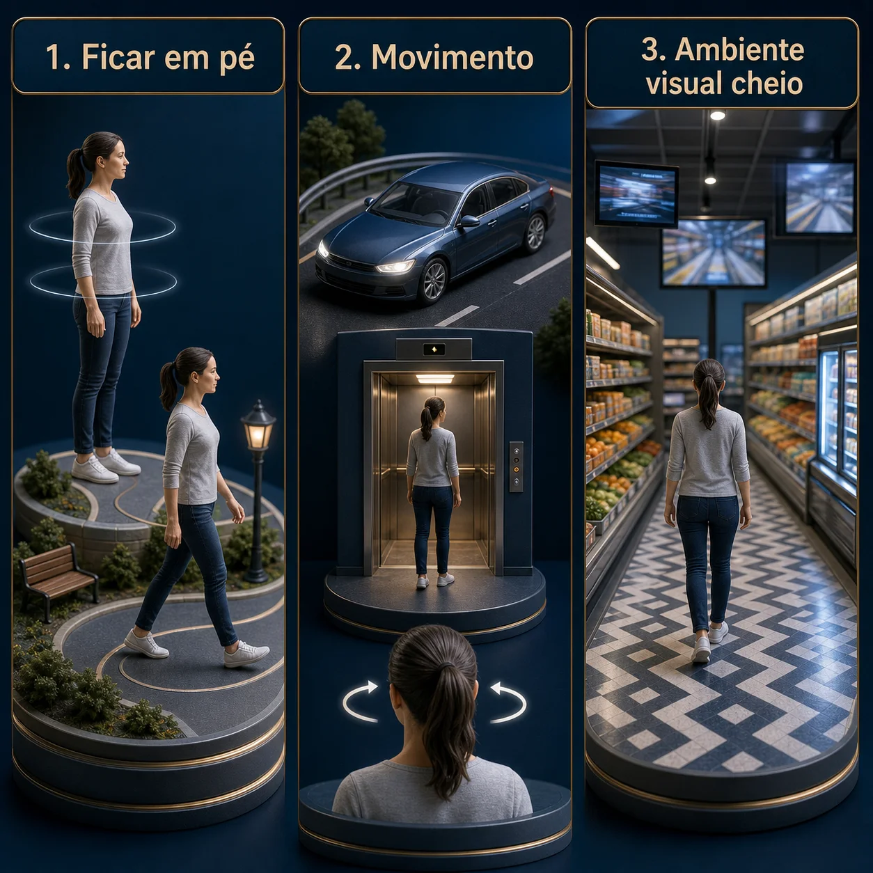 Infográfico didático mostrando gatilhos comuns da TPPP: postura, movimento e estímulos visuais