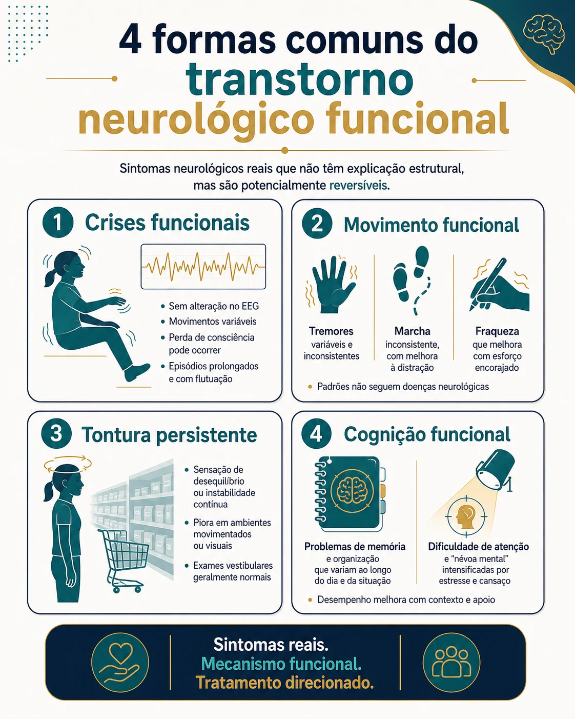 Infográfico textual mostrando os quatro subtipos principais do transtorno neurológico funcional