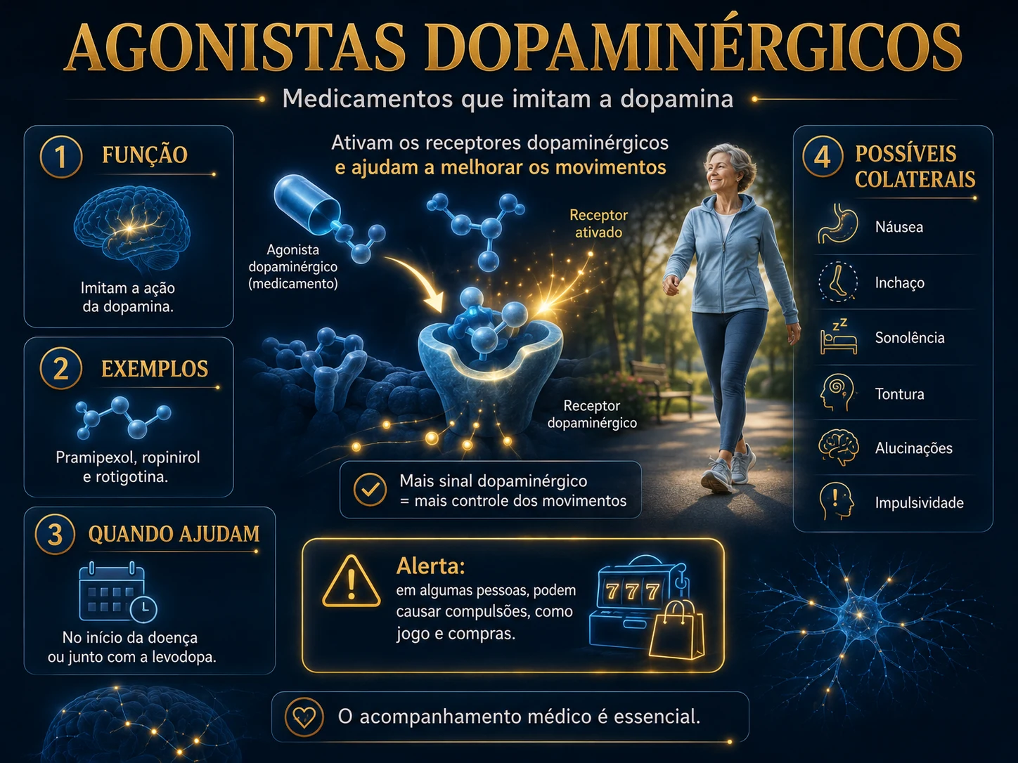 Infográfico mostrando agonistas dopaminérgicos como medicamentos que imitam a dopamina e ativam receptores dopaminérgicos.