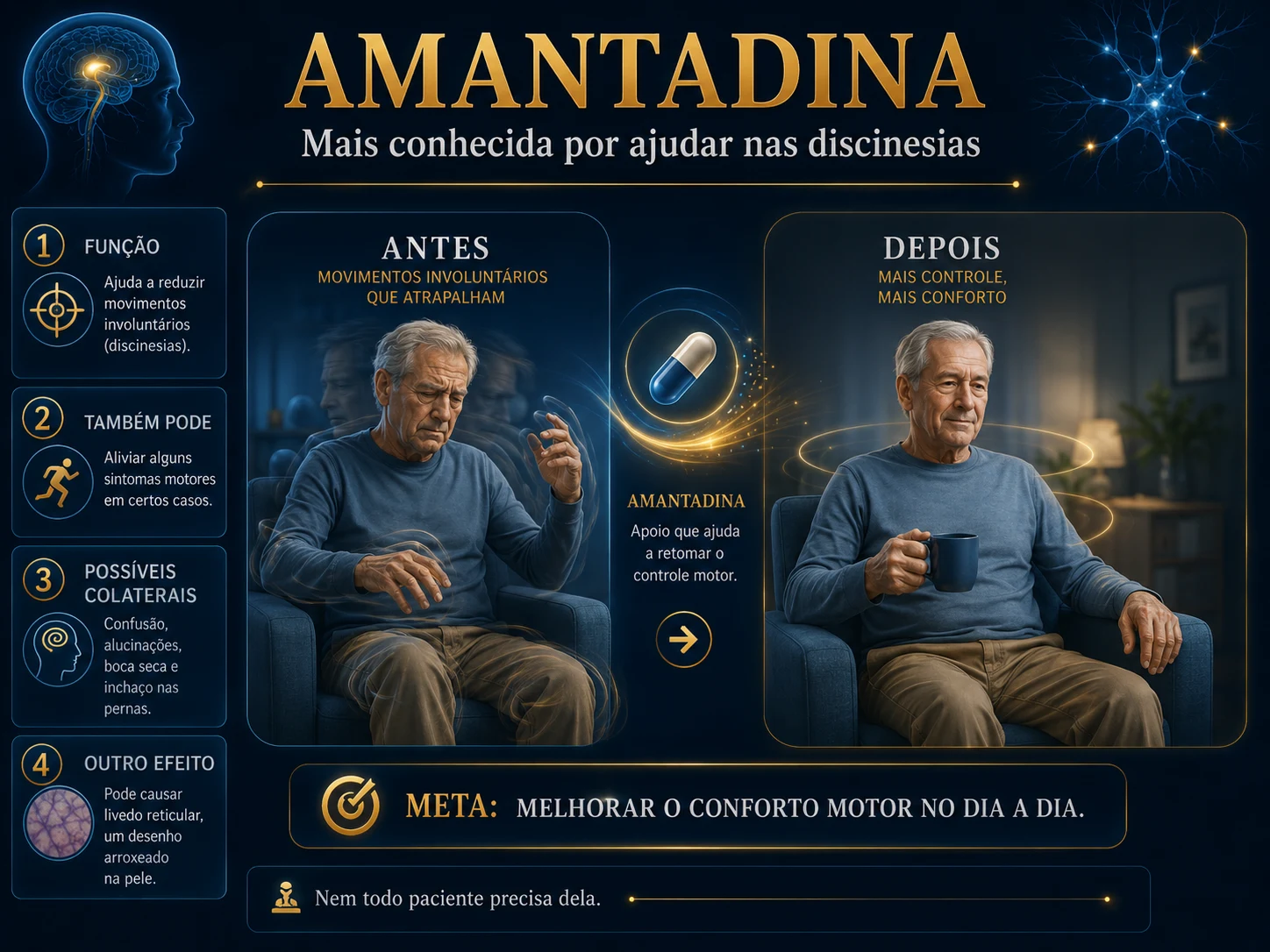 Infográfico mostrando a amantadina como apoio para reduzir discinesias e melhorar conforto motor no dia a dia.