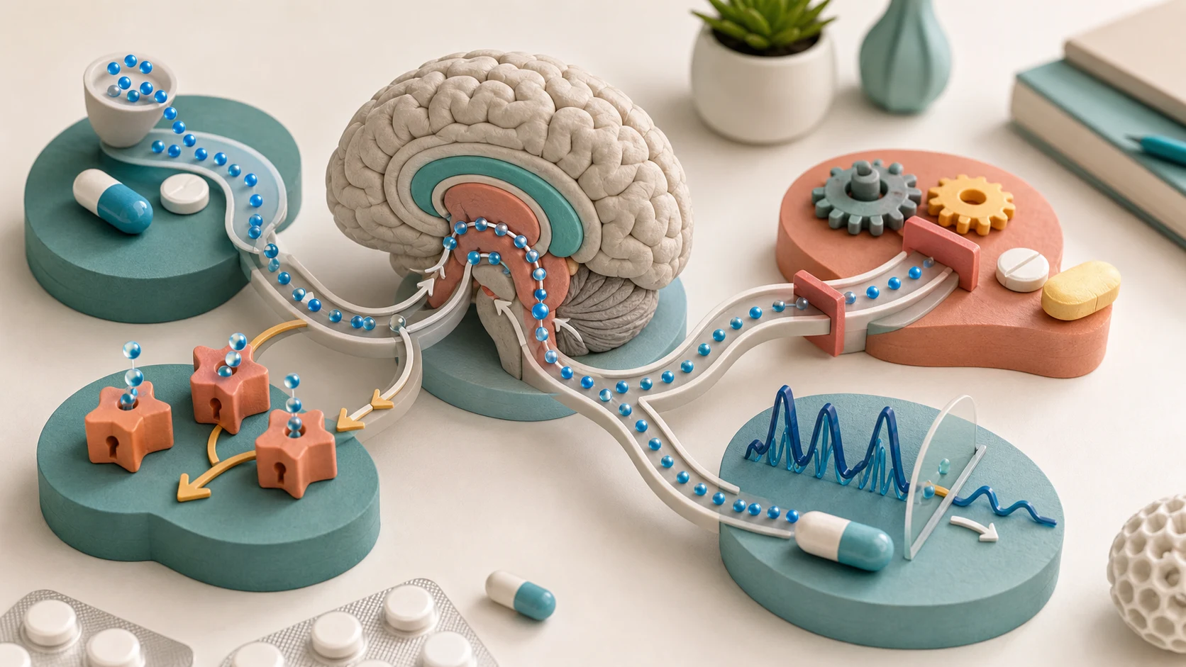 Diorama médico com quatro formas de ação dos remédios para Parkinson: levodopa, agonistas dopaminérgicos, inibidores enzimáticos e amantadina.