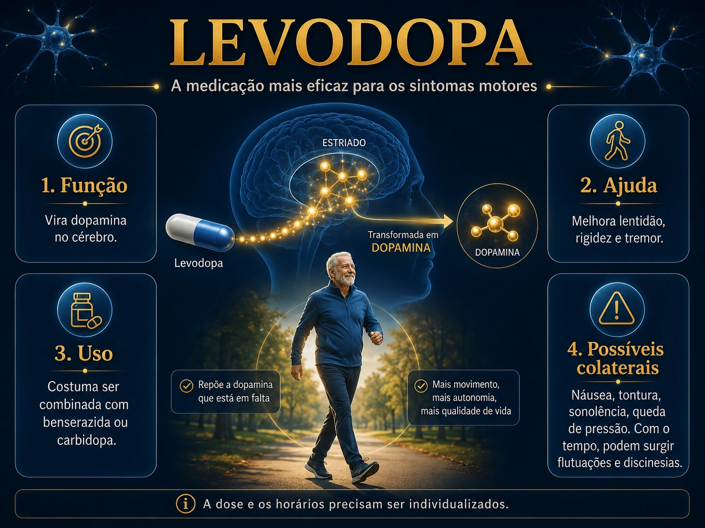 Infográfico resumindo função, uso e possíveis efeitos colaterais da levodopa no Parkinson.