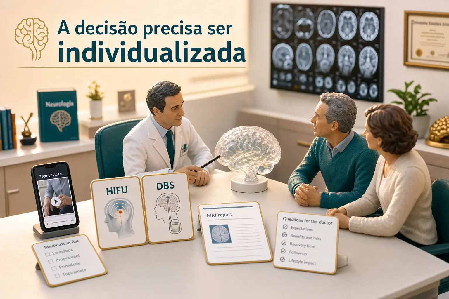 Diorama de consulta neurológica com paciente, familiar, neurologista, imagens de ressonância e lista de perguntas